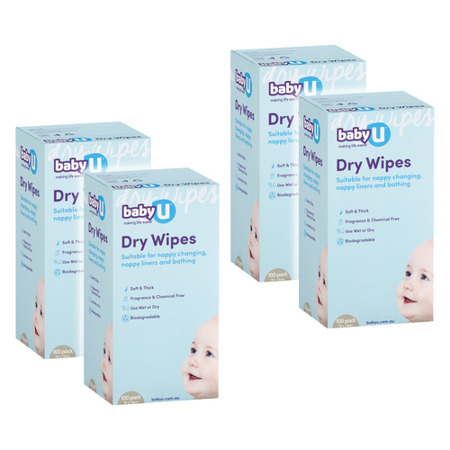 4x 100pc Baby U Dry Wipes Biodegradeable 19cm