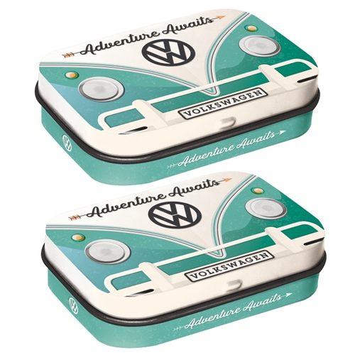 2PK Nostalgic Art 6cm Mint Tin Box VW Bulli Adventure Awaits Fresh Breath Candy