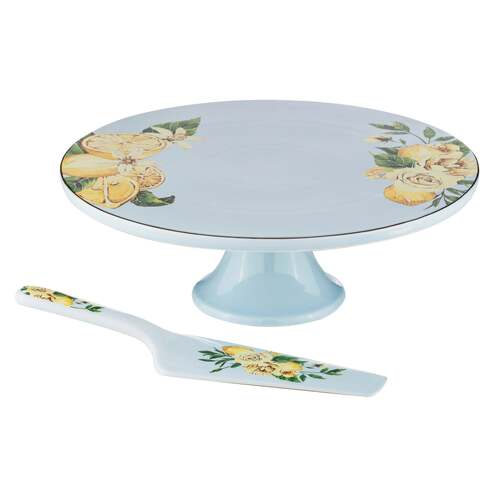 Ashdene Citrus Blooms Footed Cake Stand & Server Set - Blue/Lemon