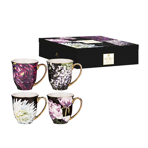 4pc Ashdene Dark Florals Mug Set 380ml New Bone China