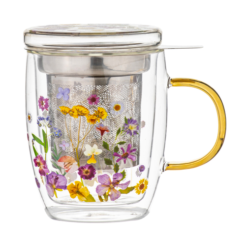 Ashdene Pressed Flowers Double Walled Glass Mug w/ Stainless Steel Infuser