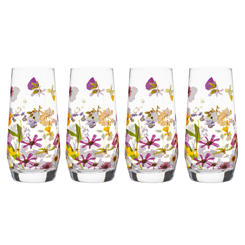 4pc Ashdene Pressed Flowers 540ml Glass Highball Tumbler Set