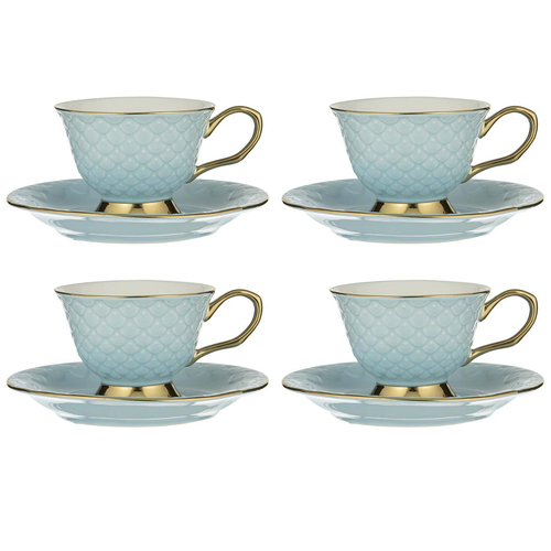 4x Ashdene New Bone China Ripple Cup & Saucer Set - Powder Blue