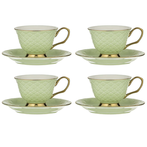 4x Ashdene New Bone China Ripple Pistachio Cup & Saucer Set - Green