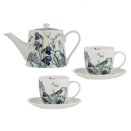 Ashdene Iris Garden White Teapot & 2 Teacup Fine Bone China Set