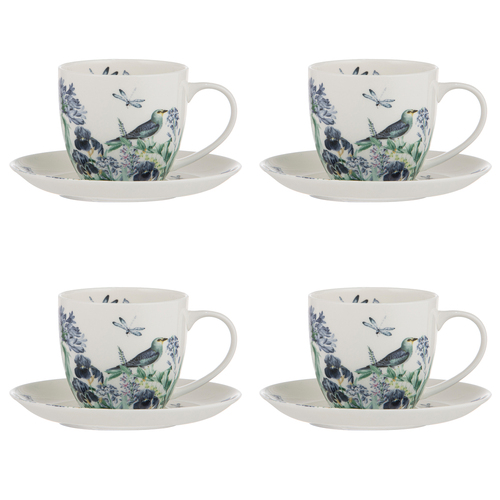 4pc Ashdene Iris Garden White Cup & Saucer Fine Bone China Set