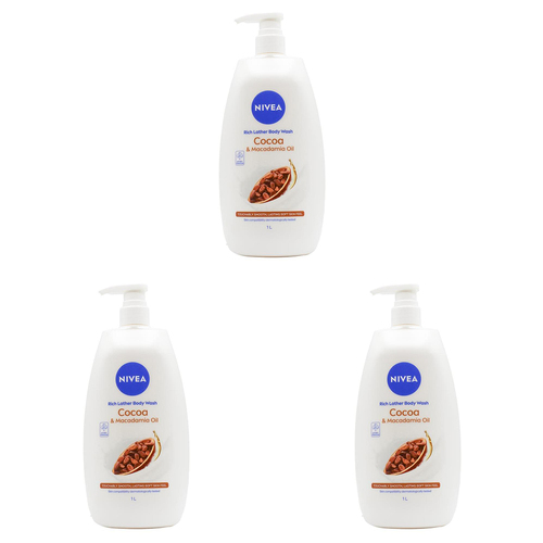 3PK Nivea 1L Body Wash Bath Soap Cocoa & Macadamia Oil