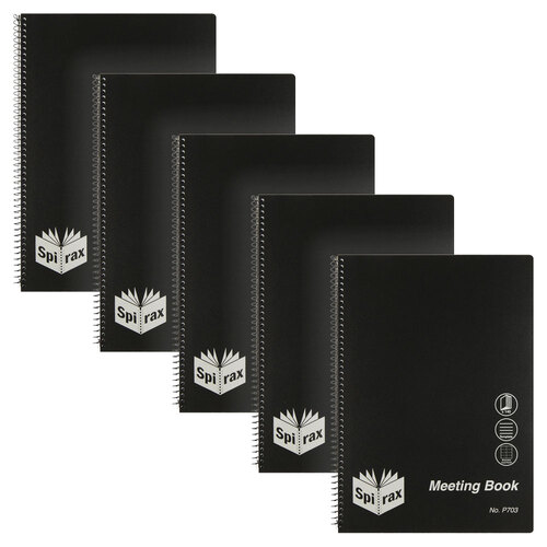 5pc Spirax A4 Spiral Meeting Book Writing Stationery 140-Pages Black