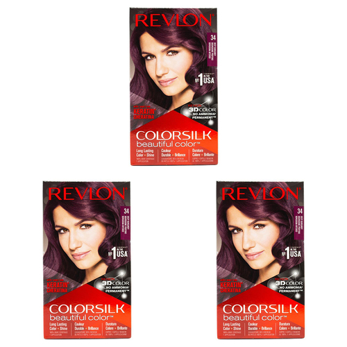 3PK Revlon Colorsilk Permanent Hair Color w/ Keratin 34 Deep Burgundy