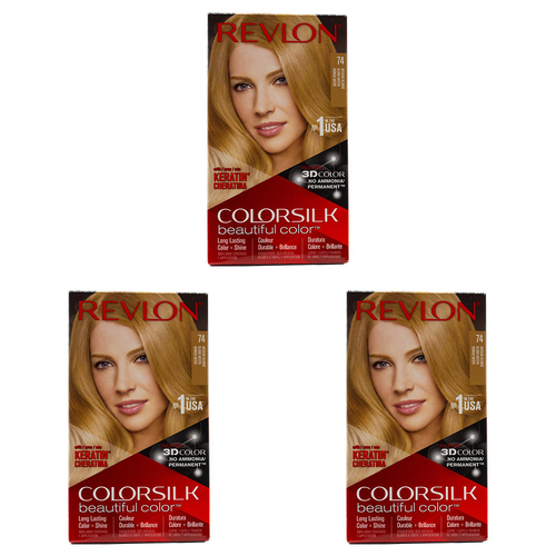 3PK Revlon Colorsilk 3D Permanent Hair Color w/ Keratin 74 Medium Blonde