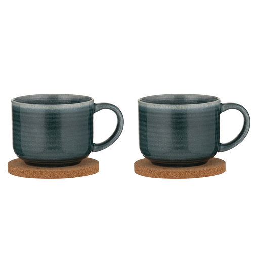 2x 2pc Ladelle Melange Stoneware/Cork 490ml Mug & Coaster Set - Teal