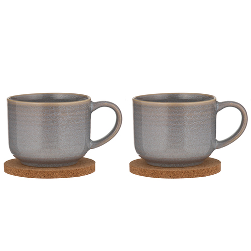 2x 2pc Ladelle Melange Stoneware/Cork 500ml Mug & Coaster Set - Light Grey