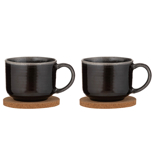 2x 2pc Ladelle Melange Stoneware/Cork 500ml Mug & Coaster Set - Charcoal