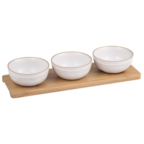 4pc Ladelle Cameo Stoneware/Bamboo Bowl & Tray Set - Ivory