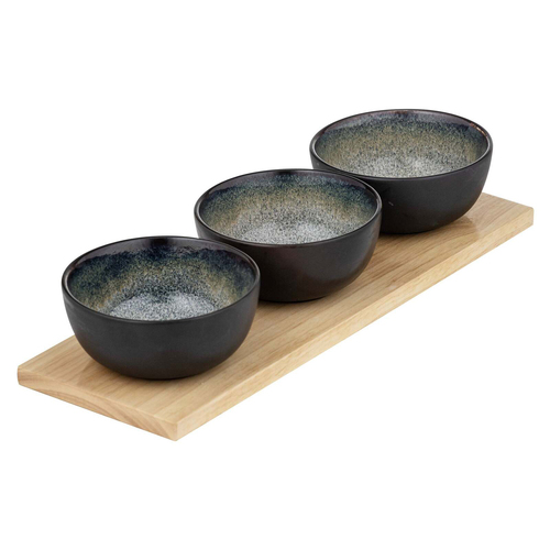 4pc Ladelle Fusion Stoneware/Oak Bowl & Tray Set Round - Mocha