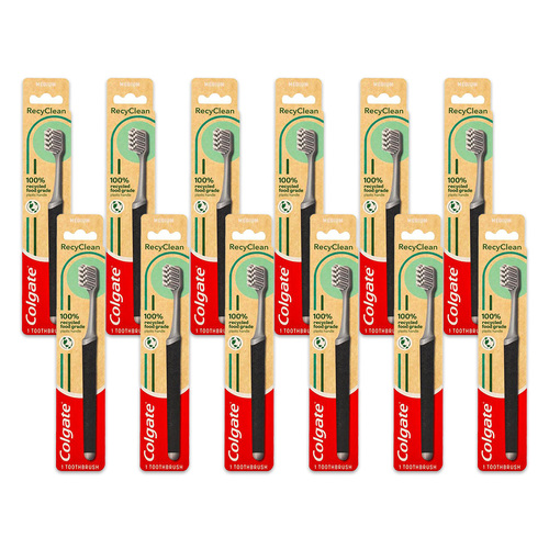 12PK Colgate Toothbrush 100% Recycled Food Grade Plastic Handle Medium Bristles