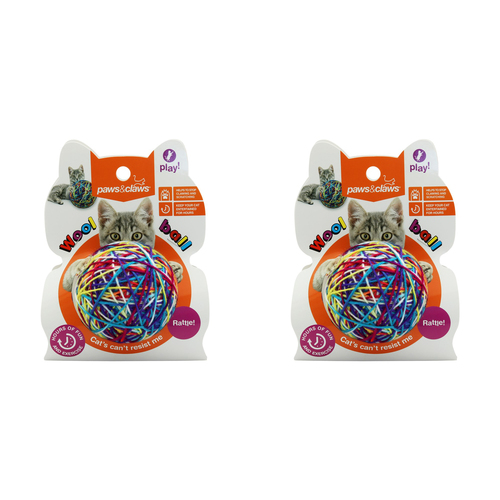 2x Paws And Claws 9cm Cat Toy Wool Ball w/ Rattle