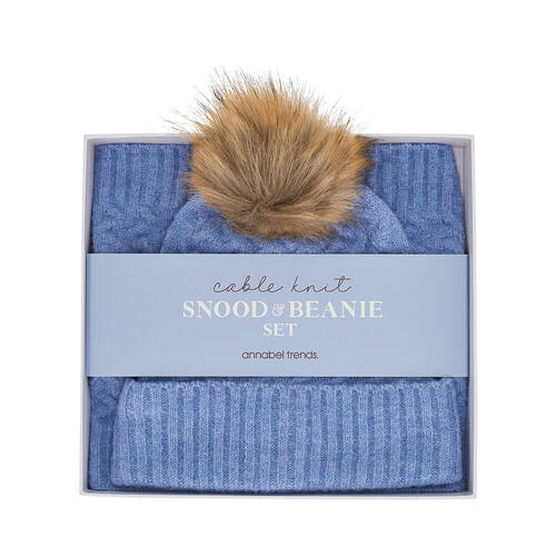 Annabel Trends Cable Knit Snood & Beanie Set 23x25cm - Blue Marle