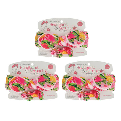 3x 2pc Annabel Trends Printed Headband & Scrunchie Set - Pink Banksia