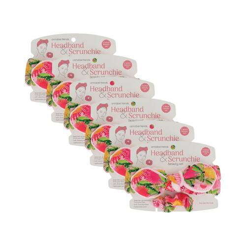 6x 2pc Annabel Trends Printed Headband & Scrunchie Set - Pink Banksia