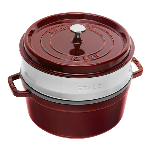 Staub 26cm/5.2L Enamel/Cast Iron Round Cocotte Pot w/ Steamer - Grenadine