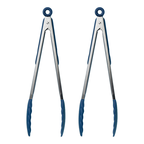 2PK Tasty Silicone Tongs Kitchen Utensil 38cm Blue/Silver