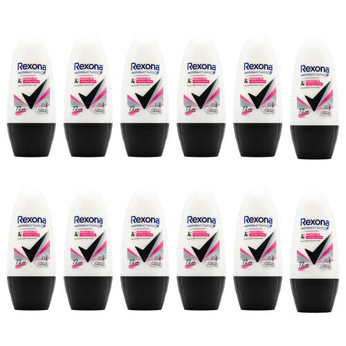 12PK Rexona 45ml Roll On Deodorant Invisible & Antibacterial