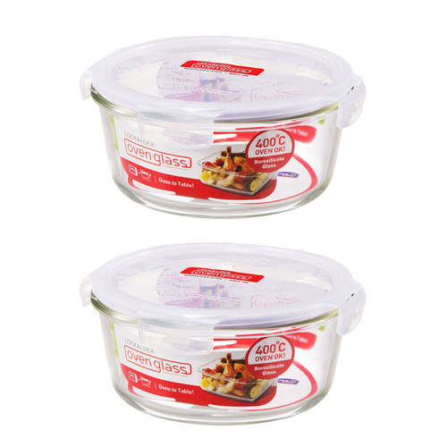 2PK Lock & Lock 950ml Euro Round Borosilicate Glass Food Container - Clear