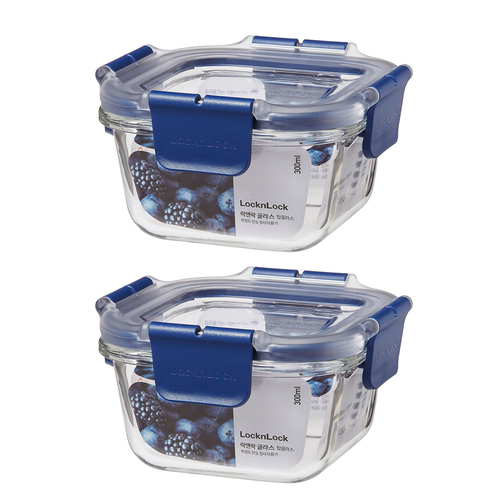 2PK Lock & Lock Top Class 300ml/12cm Glass Container w/ Tritan Lid Square - Blue