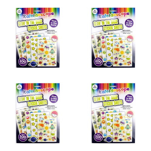 4x 5PK Kaleidoscope Kids Glow In The Dark Sticker Sheets Set 5y+