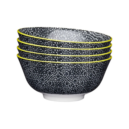 4PK Mikasa Does it All Kitchen Glazed Bowl 15.7cm - Black Floral