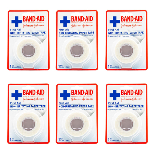 6PK Band-Aid First Aid Non Irritating Medical Paper Tape Roll 2cmx9m - White