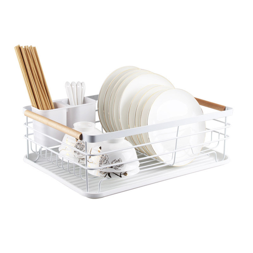 Kitchen Galleria 45cm Dish Drying Rack w/ Beech Wood Handles - White