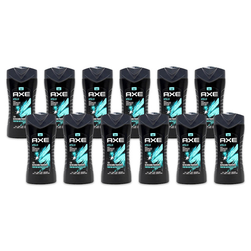 12PK Axe Apollo 3-in-1 Body Face Hair Wash 250ml For Men Sage & Cedarwood Scent