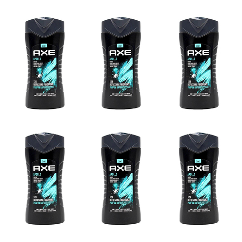 6PK Axe Apollo 3-in-1 Body Face Hair Wash 250ml For Men Sage & Cedarwood Scent