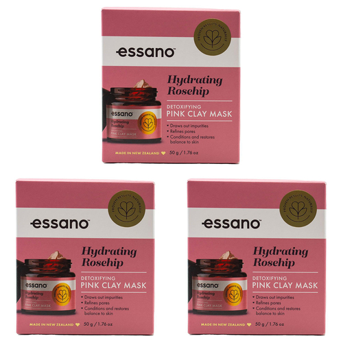 3PK Essano Hydrating Rosehip Detoxifying Pink Clay Mask 50g