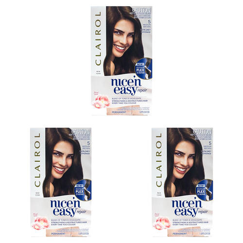 3PK Clairol Permanent Hair Colour Nice N Easy Floral Scent - 5 Medium Brown