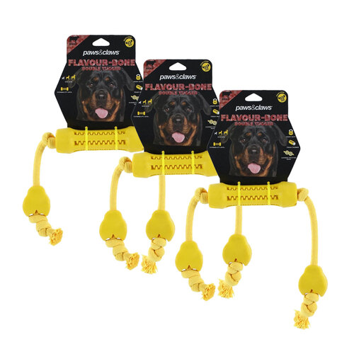 3PK Paws & Claws Flavour-Bone Double Tugger Beef Flavoured Rubber Toy 65X5cm Yellow