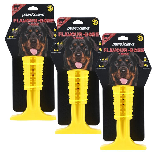 3PK Paws & Claws Flavour-Bone T Bone Beef Flavoured Rubber Toy 17X13X6cm Yellow