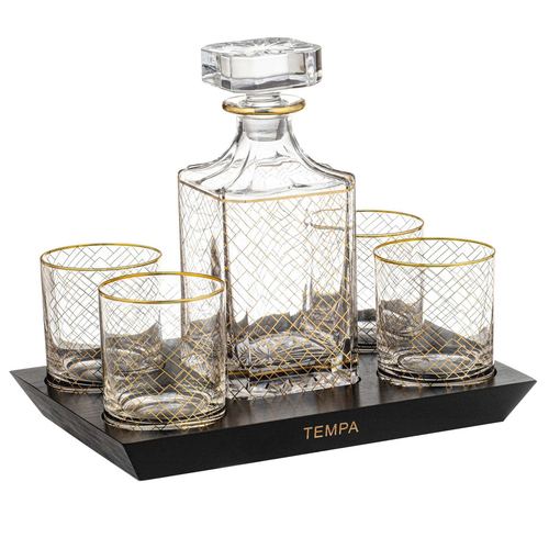 6pc Tempa Winston Crystal Whisky Carafe/Tumbler Set w/ Storage - Gold