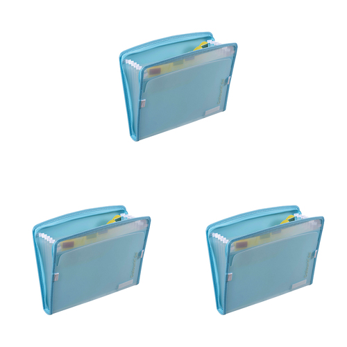 3PK Colourhide A4 Zip-It Expanding File w/ Pen Holder Loop Sky Blue