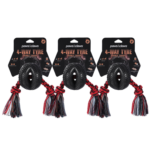 3PK Paws & Claws 4-Way TPR Tyre 40cm Double Tugger Rope