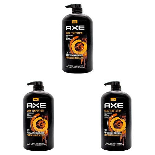 3PK Axe Dark Temptation 3-in-1 Body Face Hair Wash 1L For Men Dark Chocolate