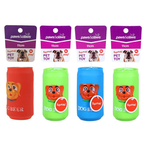 4PK Paws & Claws Beer Can Vinyl Pet Toy 11cm Assorted