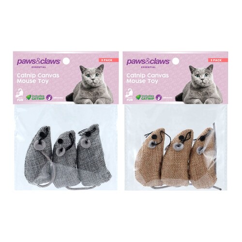 2x Paws & Claws Catnip Canvas Mouse 3Pk 6.5X3cm Assorted