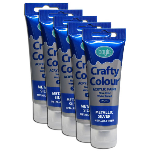 5x Crafty Colour Art/Craft 75ml Acrylic Paint Tube - Metallic Silver