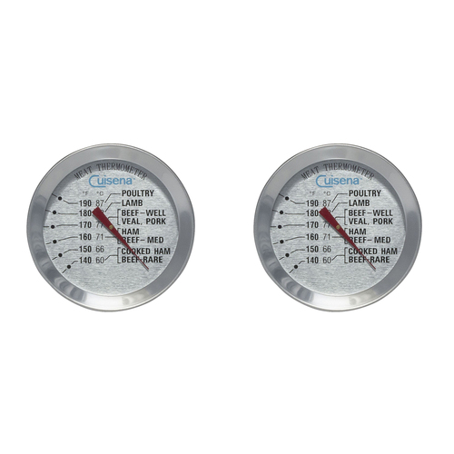 2x Cuisena Round Stainless Steel Meat Thermometer - Silver