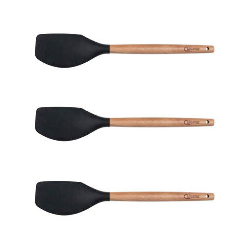 3x Cuisena Beech Wood 32cm Silicone Spatula Cooking Utensil - Black