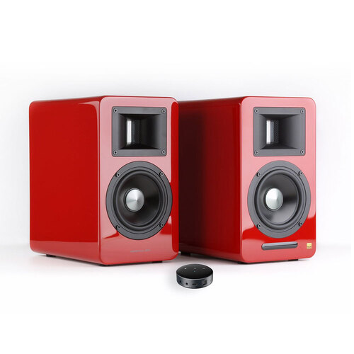 Airpulse A100 Active Wireless Bookshelf Speakers and WiiM Mini Red