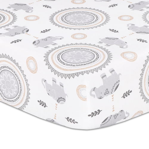 The Peanutshell Boho Cotton Fitted Sheet Elephant & Medallion Print 135cm